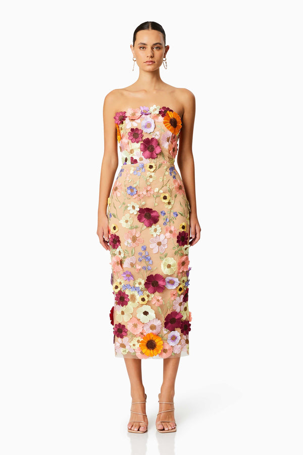 model wearing Helena strapless 3D midi dress in multi front shot