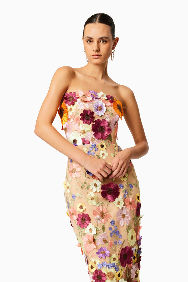 model wearing Helena strapless 3D midi dress in multi close up shot