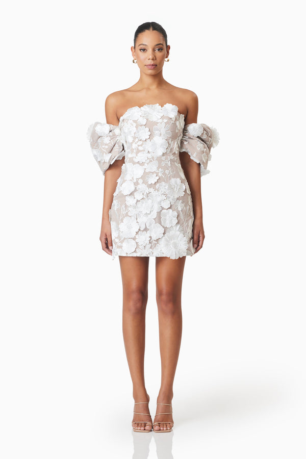 model wearing Perry Embellished Mini Dress in White front shot