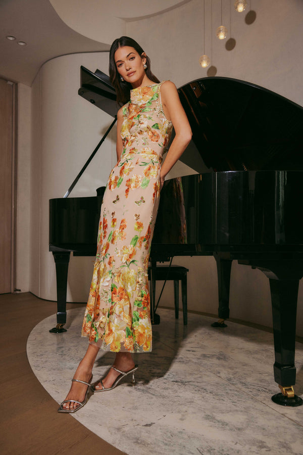 Aella Butterfly Midi Dress in Yellow