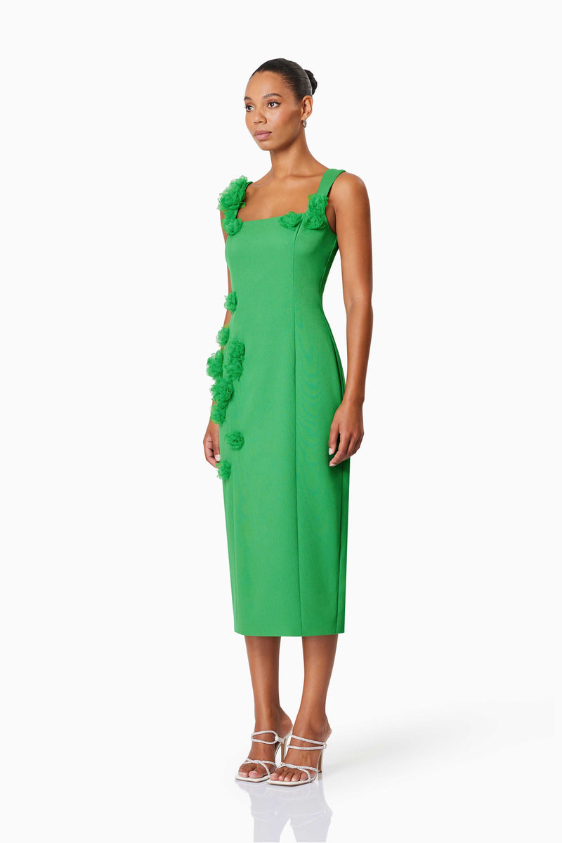 model wearing Valeria Eventwear Midi Dress In Green side shot