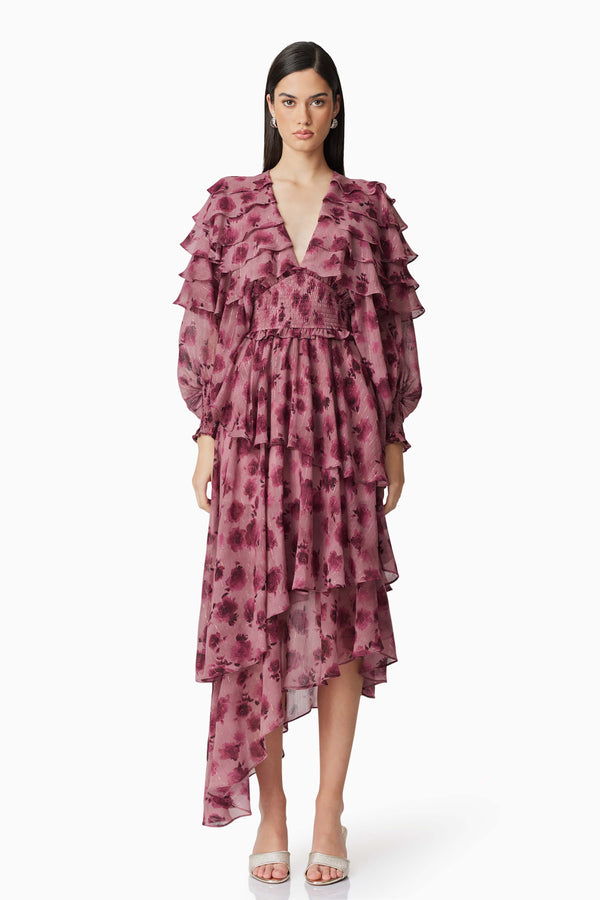 Brunette model wearing Monica Long Sleeve Midi Dress in Purple front shot