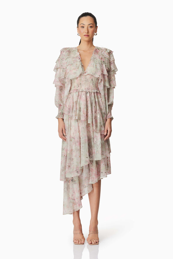 Brunette model wearing Monica Long Sleeve Midi Dress in Floral front shot