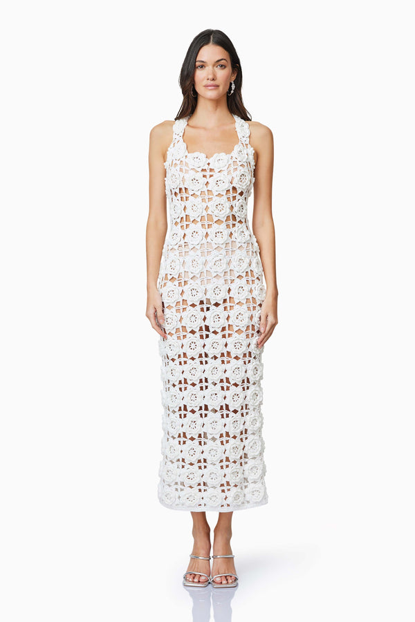 Brunette model wearing Elise Crochet Midi Dress in White front shot