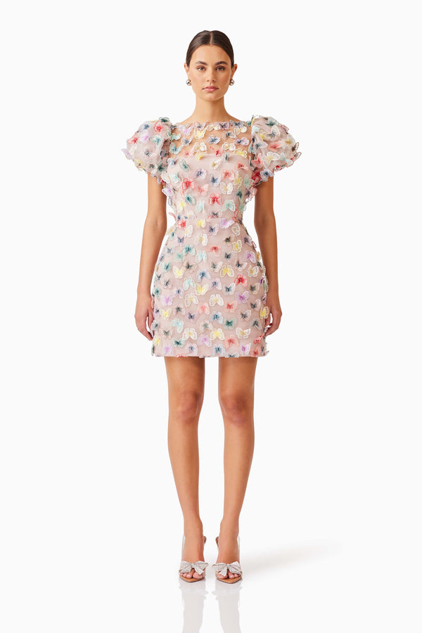 Brunette model wearing Aviva Puff Sleeve Mini Dress in Pink front shot
