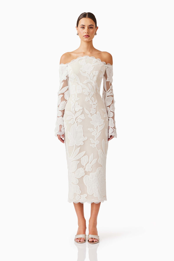Brunette model wearing Flora Lace Midi Dress in White front shot
