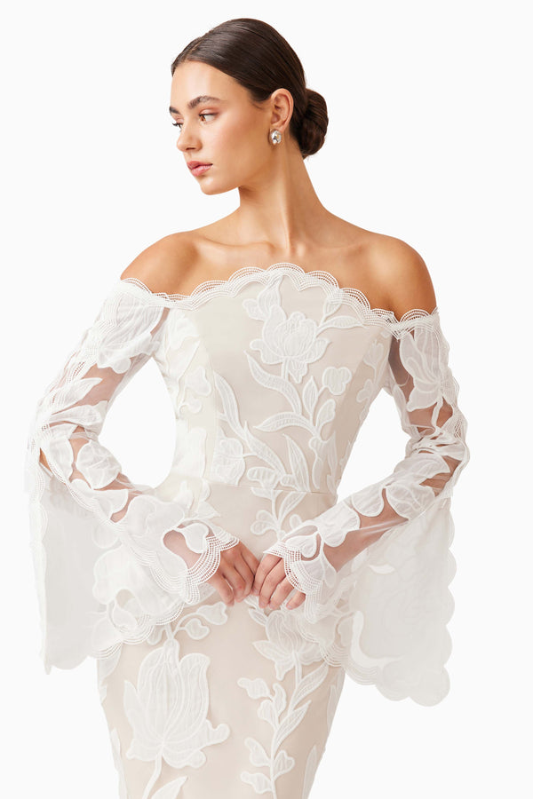 Brunette model wearing Flora Lace Midi Dress in White close up shot