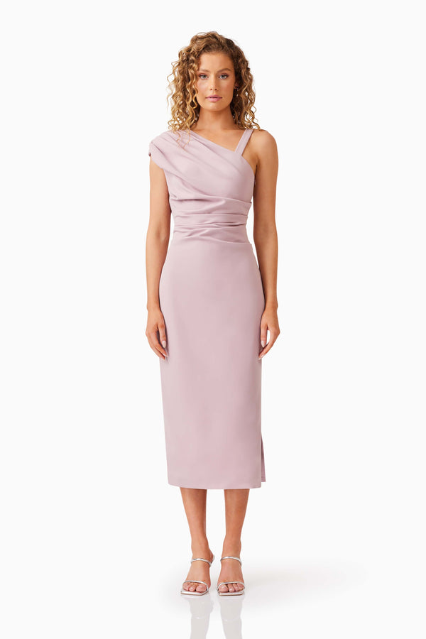 Blonde model wearing Kourtney Midi Dress in Pink front shot