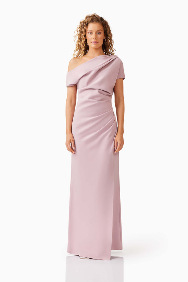 Blonde model wearing Kourtney Asymmetrical Maxi Dress in Pink front shot