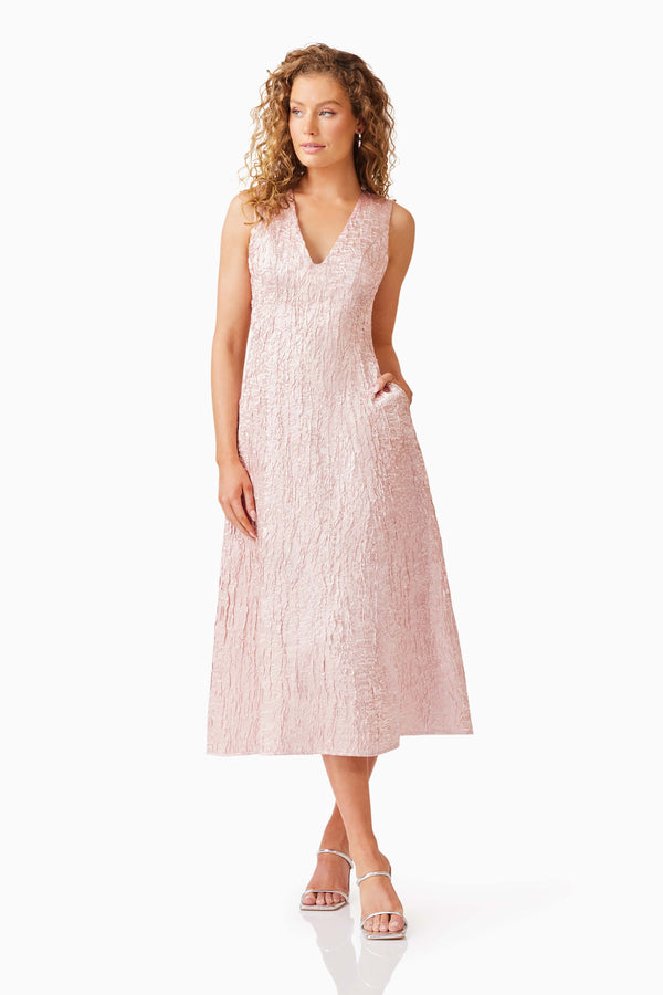 Blonde model wearing Joesphine Midi Dress in Pink posed shot