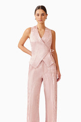 Brunette model wearing Joesphine Set in Pink close up shot