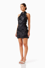 Brunette model wearing Cherry Blossom Mini Dress in Black side shot