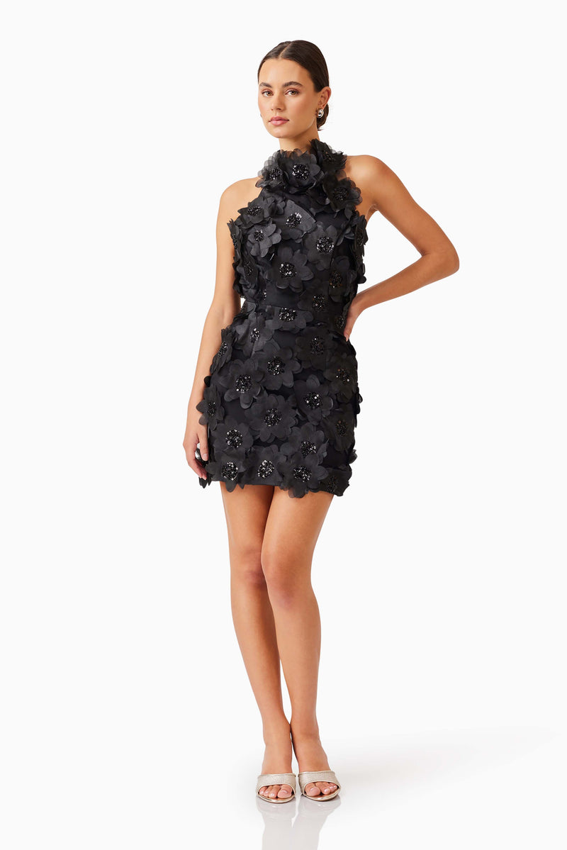 Brunette model wearing Cherry Blossom Mini Dress in Black posed shot