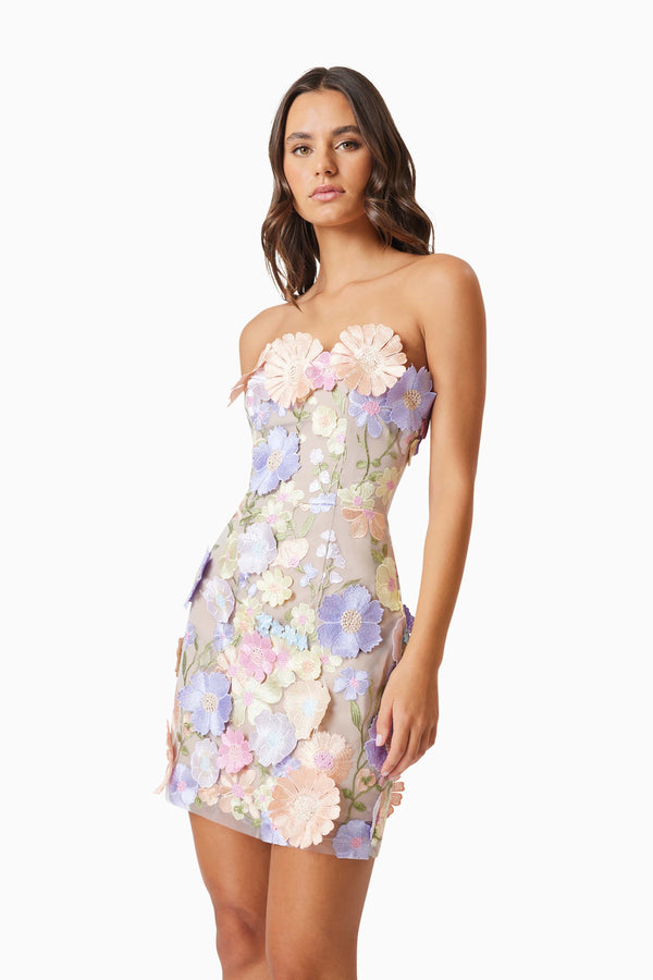 Arabella Strapless Mini Dress In Pastel close up shot