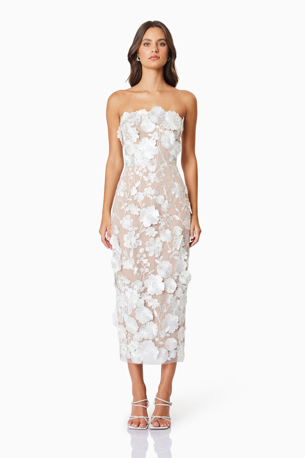 model wearing Helena floral midi dress in white front shot