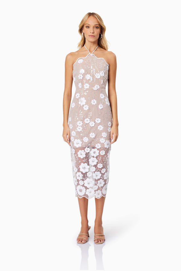 Blonde model wearing Elodie Midi Cocktail Dress in White front shot