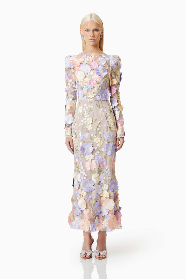 Blonde model wearing Shannon 3D Floral Midi Dress In Pastel front shot