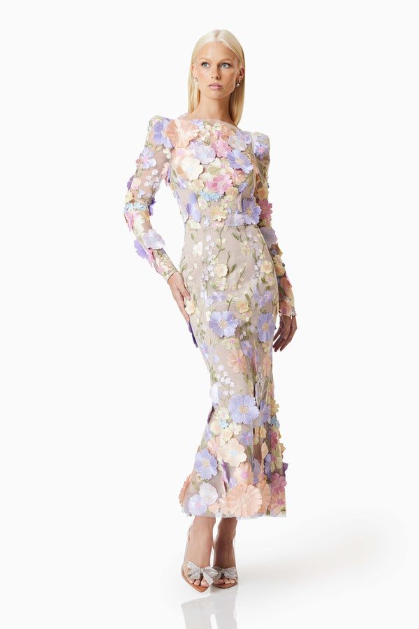 Blonde model wearing Shannon 3D Floral Midi Dress In Pastel posed shot