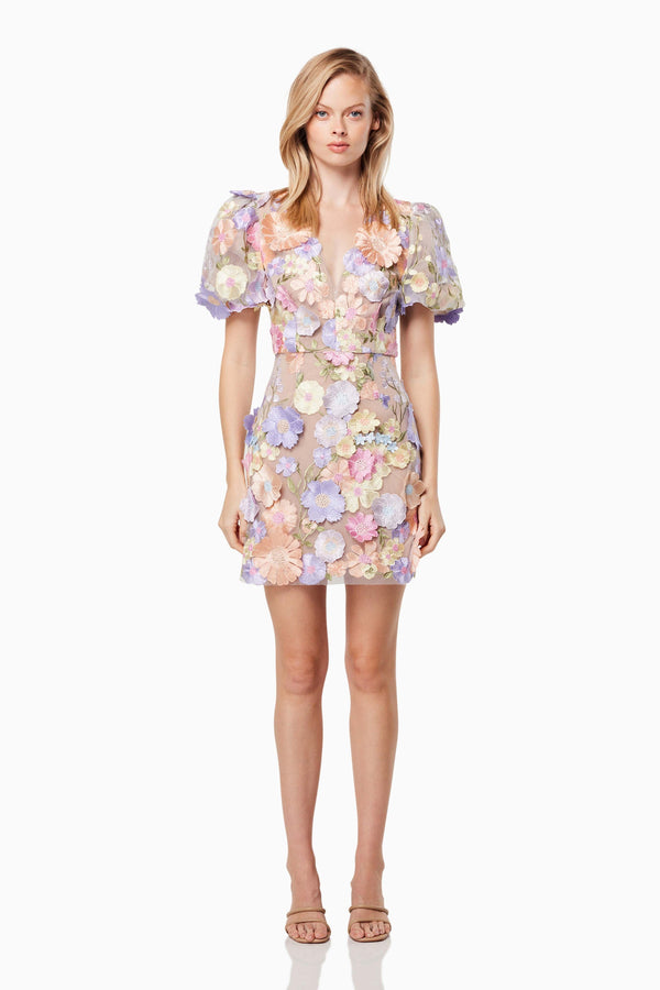 Blonde model wearing Anthea 3D Lace Mini Dress in Purple front shot