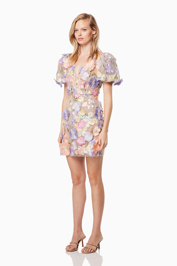 Blonde model wearing Anthea 3D Lace Mini Dress in Purple side shot