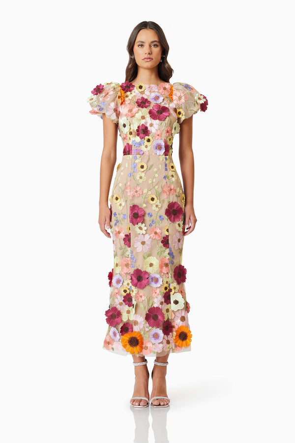 Brunette model wearing Astraea 3D Lace Maxi Dress In Pink front shot