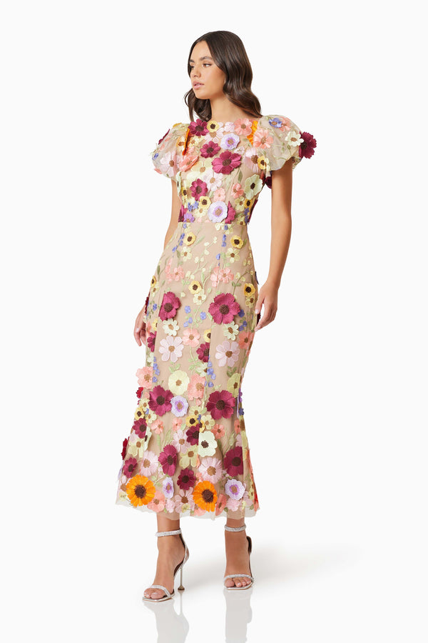 Brunette model wearing Astraea 3D Lace Maxi Dress In Pink posed shot