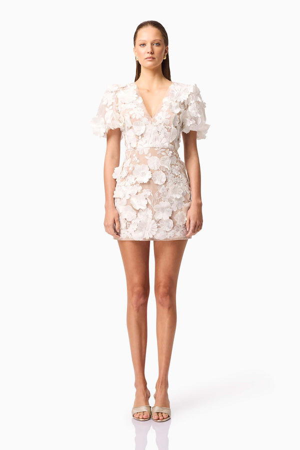 Brunette model wearing Zayla 3D Floral Mini Dress front shot