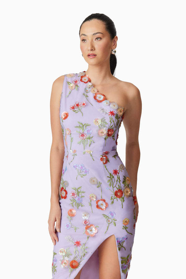 Brunette model wearing Naya One Shoulder Midi Dress in Purple close up shot