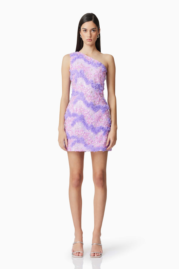 Brunette model wearing the Vonni One Shoulder Mini Dress in Purple front shot