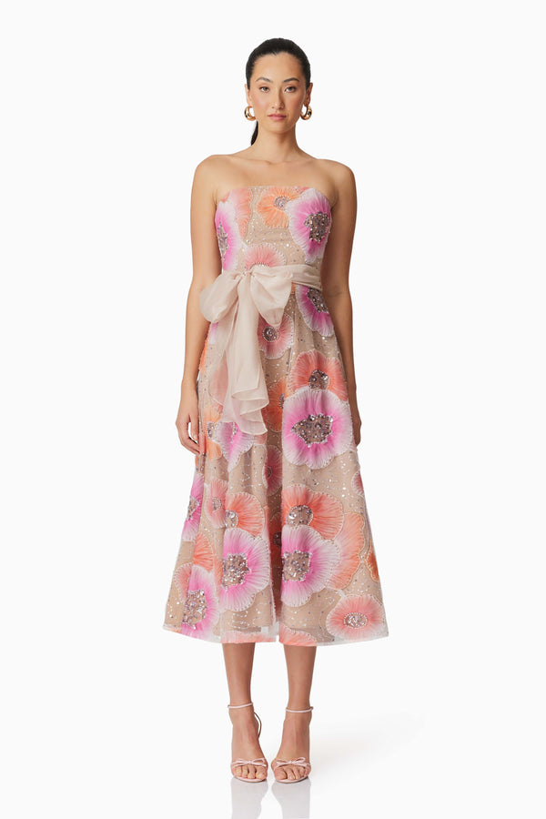 Brunette model wearing Brittany A-Line Midi Dress in Pink front shot