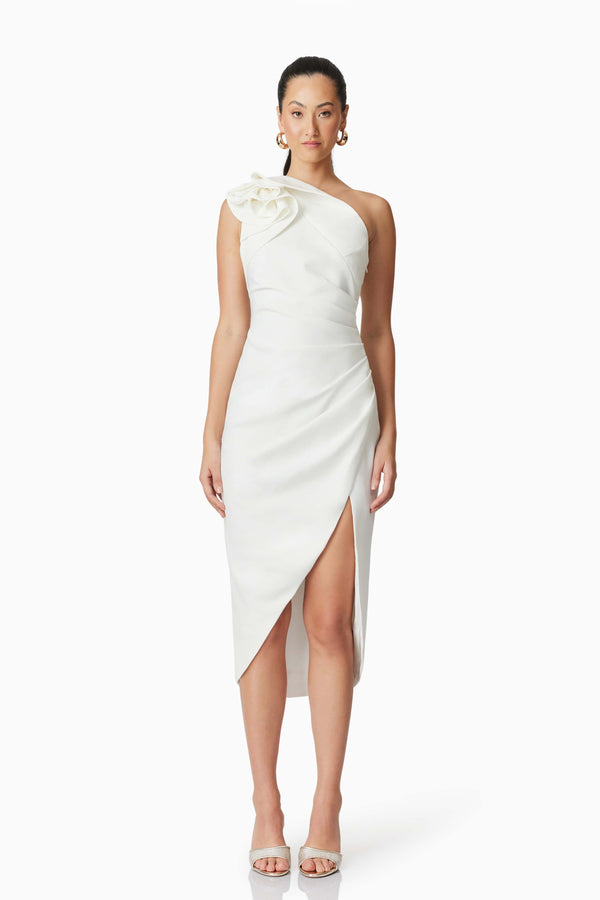 Brunette model wearing Hazelle One Shoulder Midi Dress in White front shot