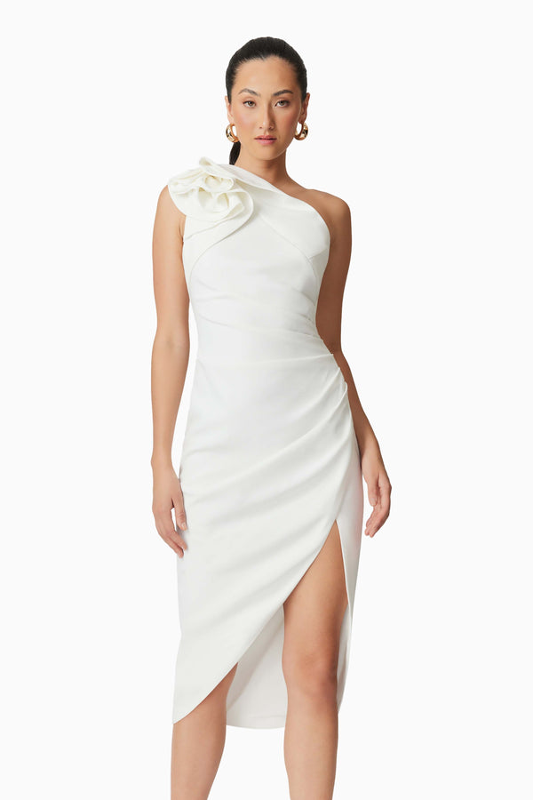 Brunette model wearing Hazelle One Shoulder Midi Dress in White close up posed shot