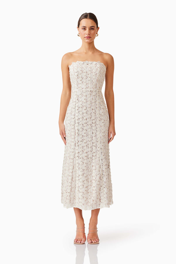 Brunette model wearing Cali Strapless Midi Dress in White front shot