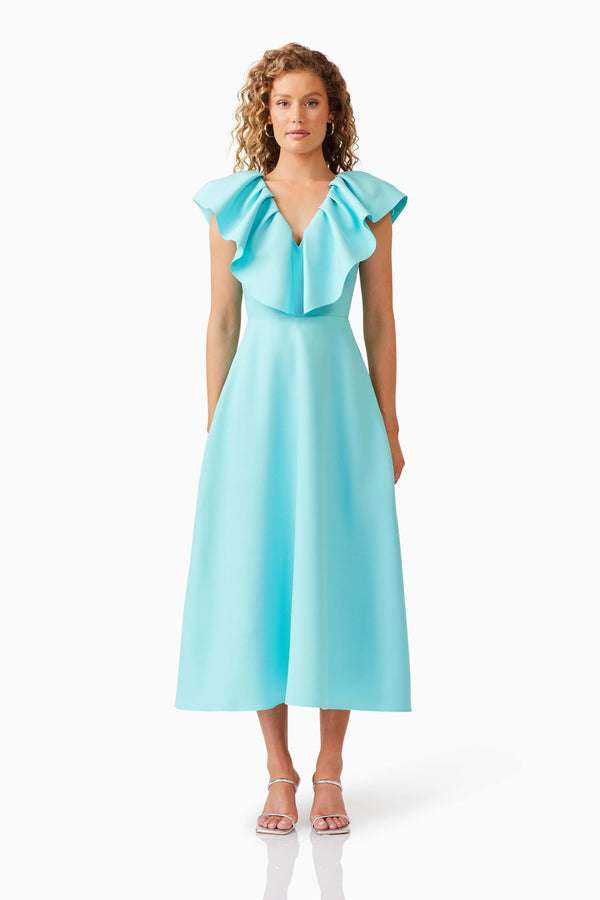 Blonde model wearing Gabi Midi Dress in Blue front shot