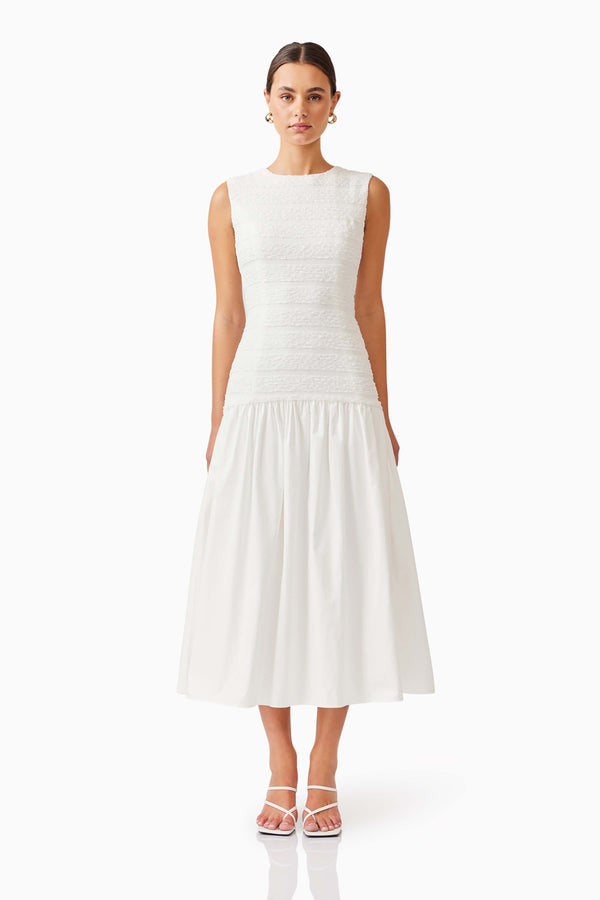 Brunette model wearing Fifi Midi Dress in White front shot