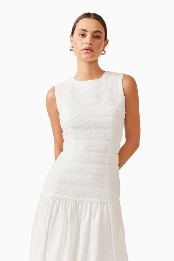 Brunette model wearing Fifi Midi Dress in White close up shot