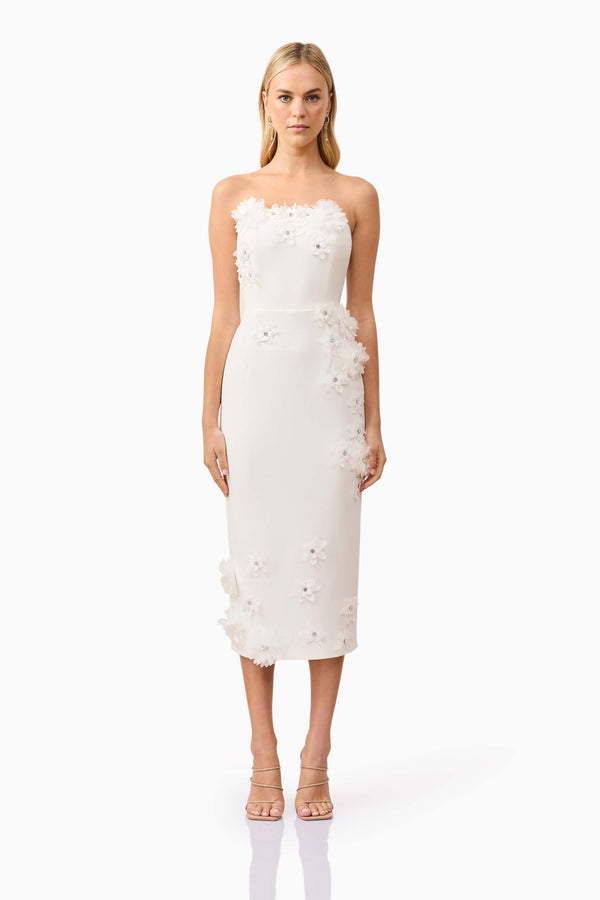 Blonde model wearing Kiara Strapless Midi Dress in White front shot