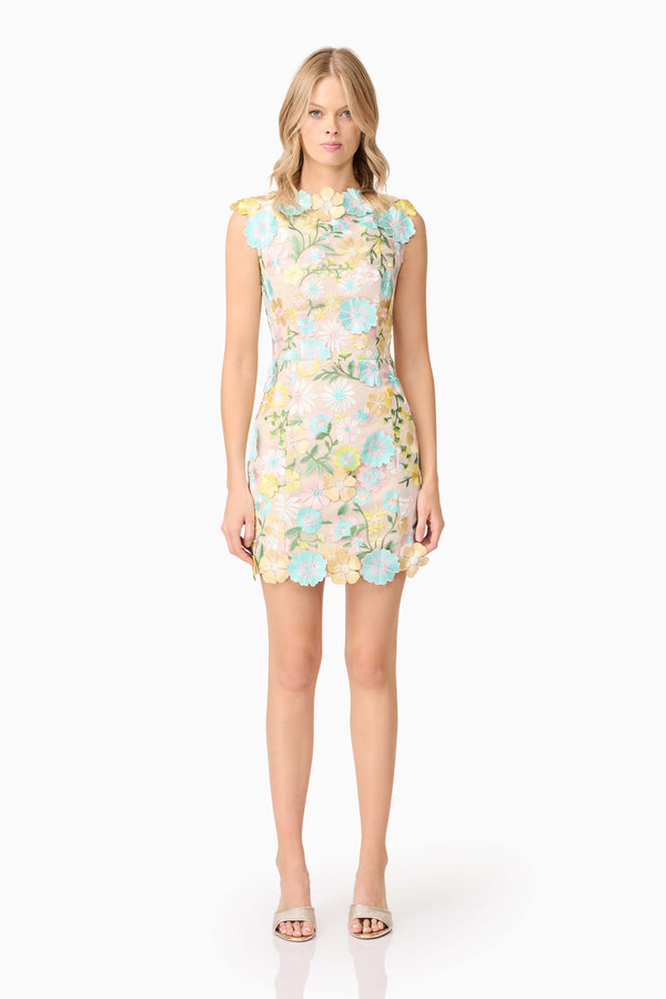 Blonde model wearing Yvette 3D Mini Dress In Floral front shot
