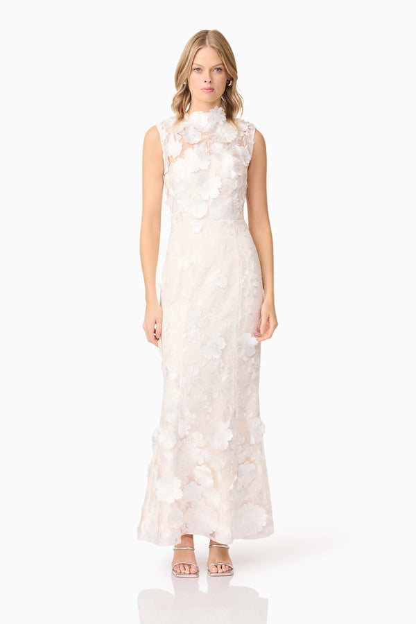 Blonde model wearing Yvette 3D Gown in Ivory front shot