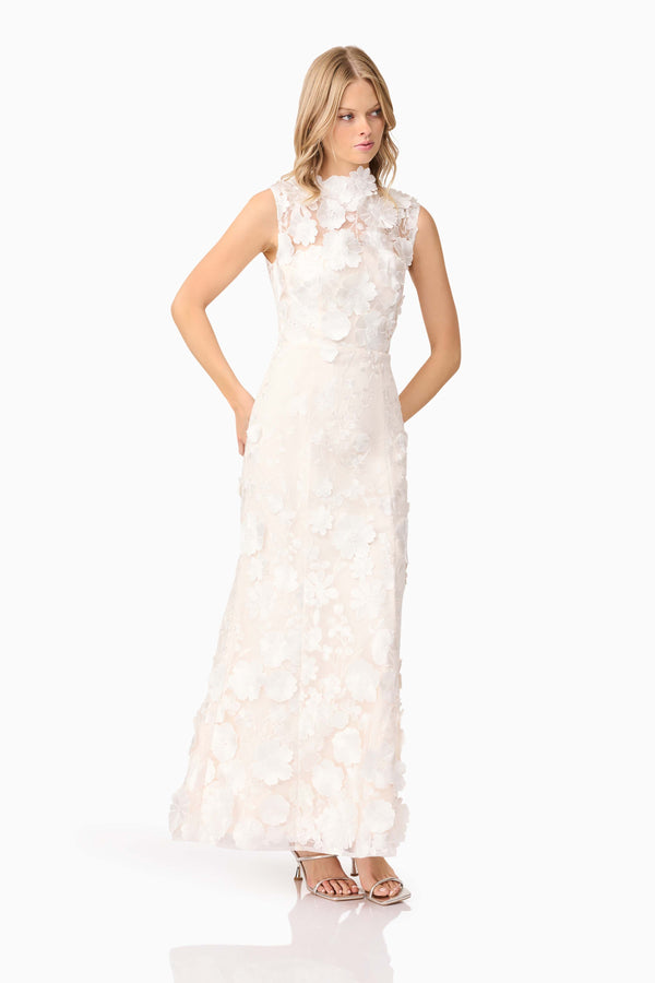 Blonde model wearing Yvette 3D Gown in Ivory posed shot