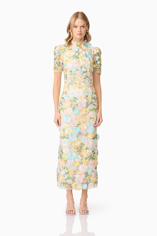 Blonde model wearing Oslo 3D Midi Dress front shot