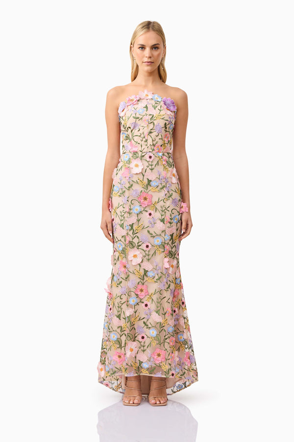 Blonde model wearing Nydia 3D Floral Gown front shot