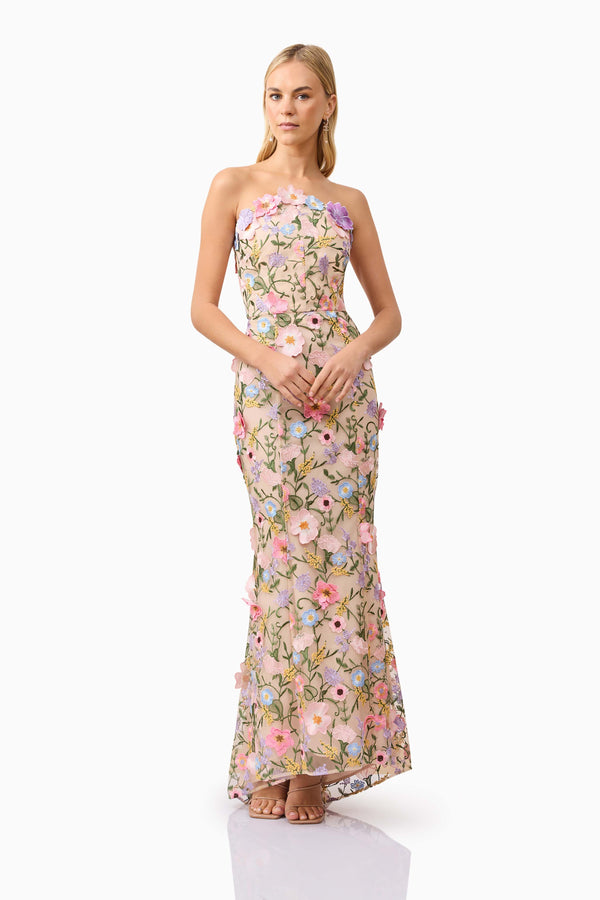 Blonde model wearing Nydia 3D Floral Gown front posed shot