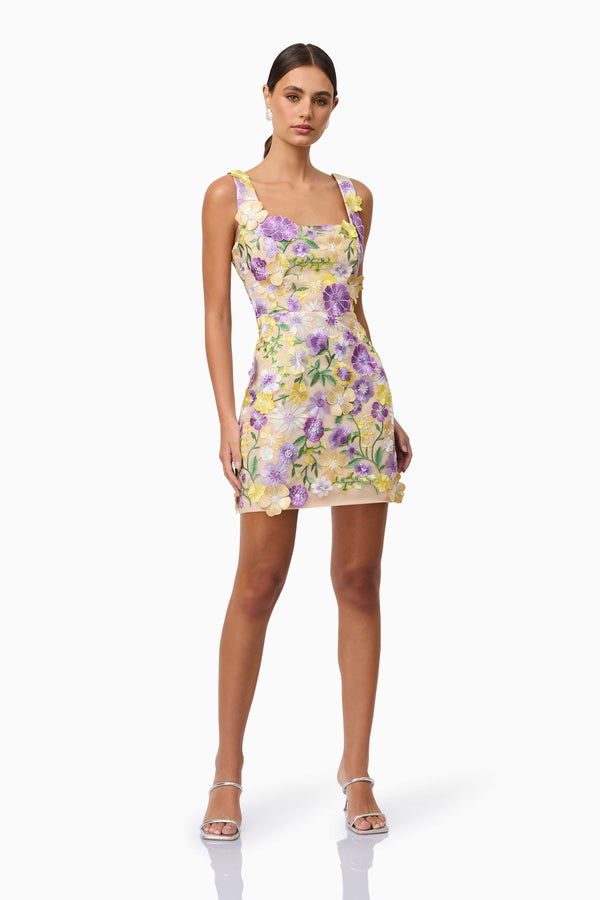Brunette model wearing Lina Embroidered Mini Dress in Floral posed shot