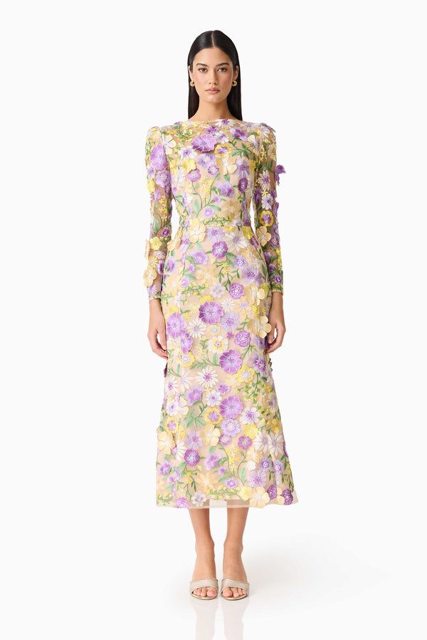 Brunette model wearing Shannon 3D Floral Midi Dress front shot