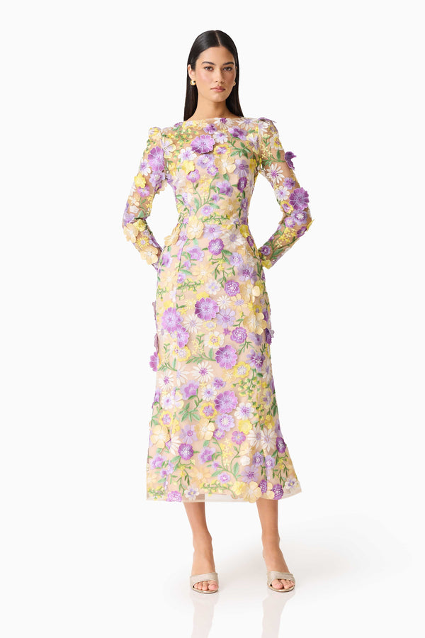 Brunette model wearing Shannon 3D Floral Midi Dress close up shot