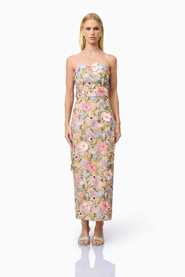 Blonde model wearing Helena Strapless Dress In Floral front shot