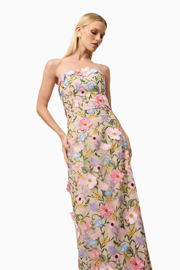 Blonde model wearing Helena Strapless Dress In Floral close up shot