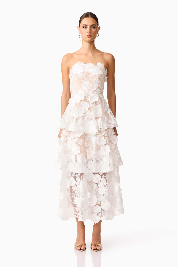 Brunette model wearing Selene Maxi Tiered 3D Dress in White front shot